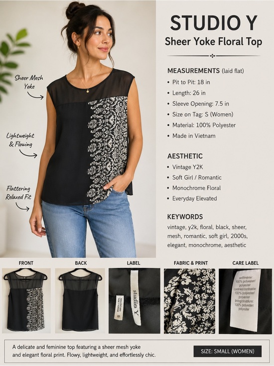 Studio Y Tops - Black & White Sleeveless Printed Sheer Yoke Top